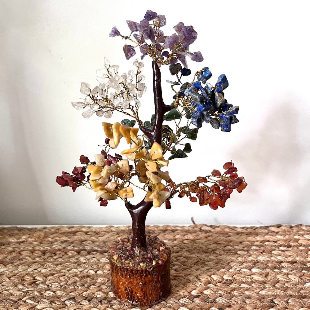 Chakra Gemstone Tree with Wood Base, 7 Varieties of Semi-Precious Stones, 9.5" H